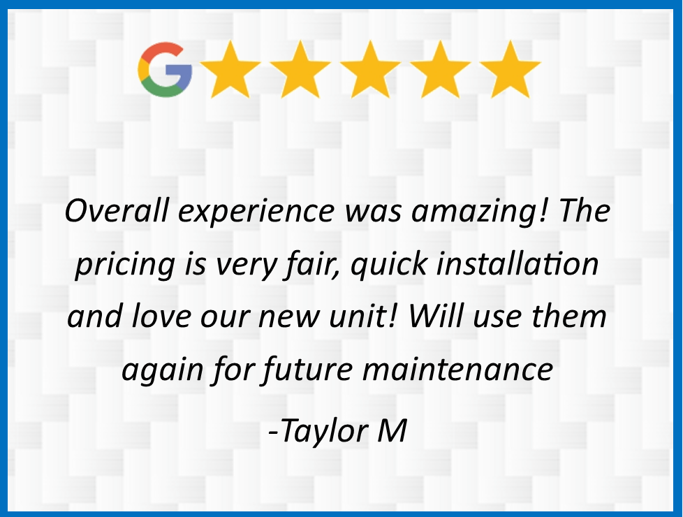 Google 5-star customer review praising fair pricing, quick installation, and future maintenance use