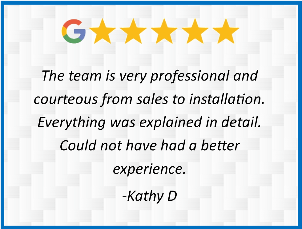 Five-star Google review praising professional, courteous sales team and detailed installation service.