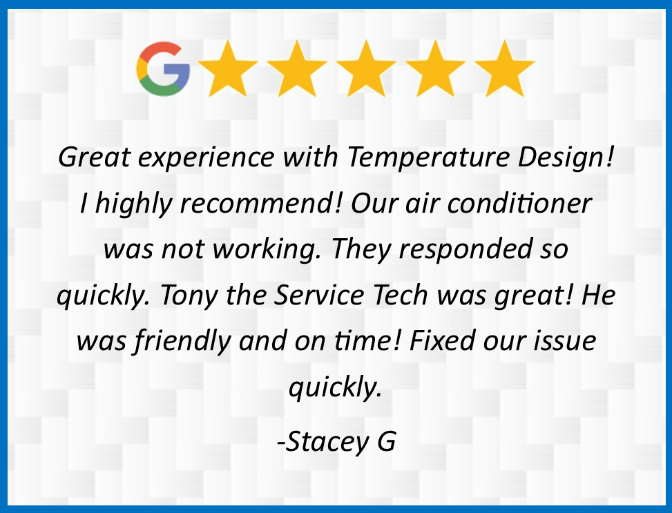 5-star customer testimonial for Temperature Design praising quick, friendly AC repair service