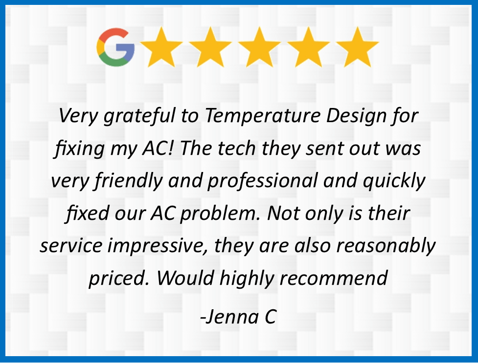 Google review praising Temperature Design for fast, friendly, professional AC repair with 5 stars