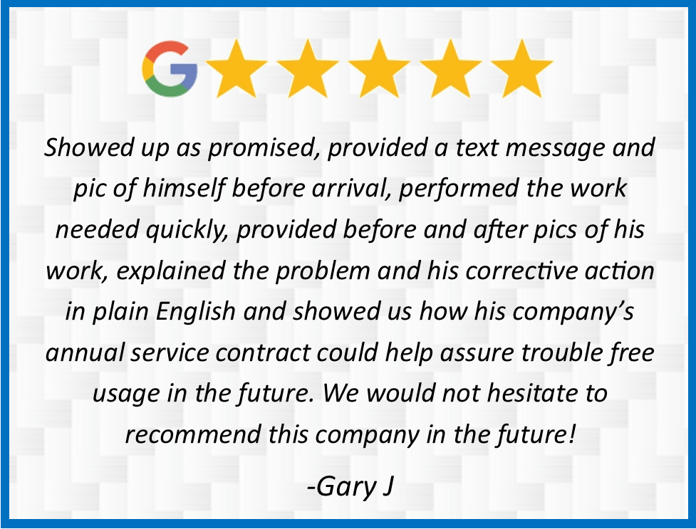 Google review card with five stars and a customer testimonial from Gary J.