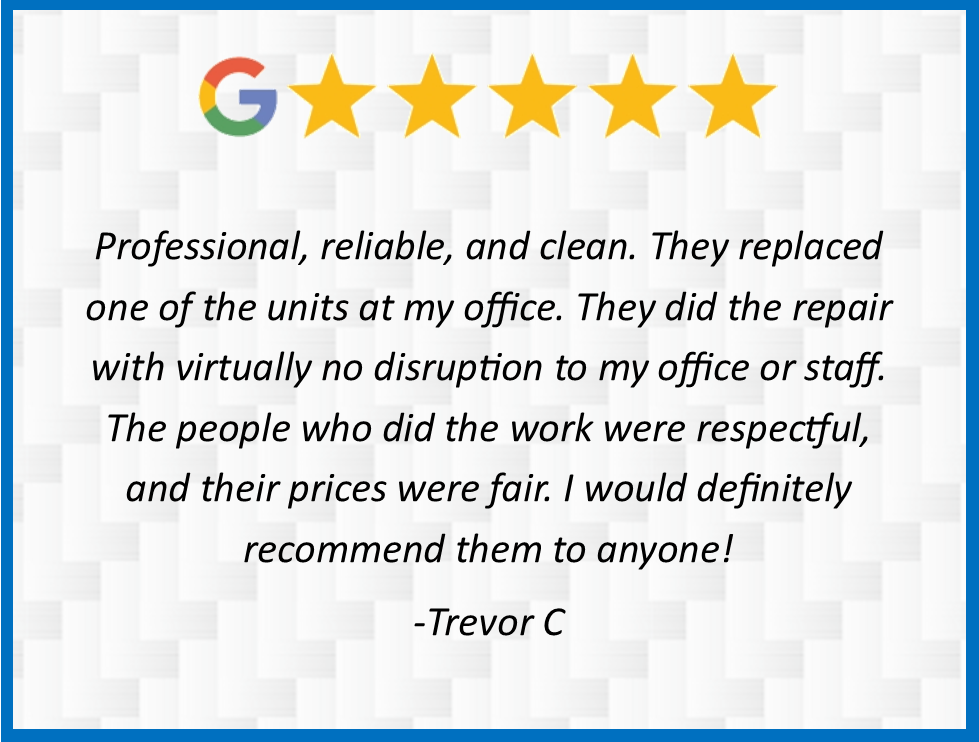 Google 5-star review praising professional, reliable office repair and respectful workers from Trevor C.