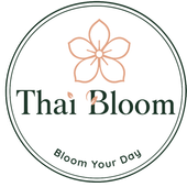 Thai Bloom logo with peach flower icon and slogan “Bloom Your Day” in dark green lettering.