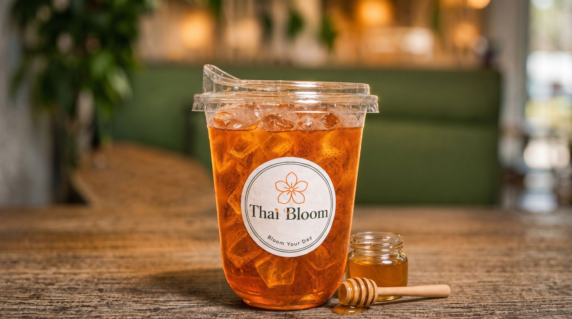 Clear plastic cup of orange iced tea with a straw and honey dipper on a wooden table in a cafe