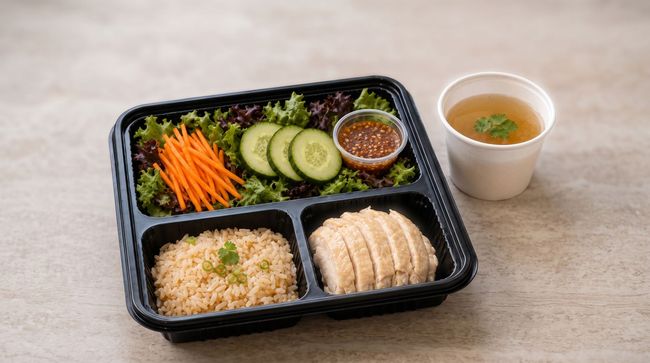 Meal prep container with rice, sliced cucumbers, shredded carrots, grilled chicken, sauce, and a cup of soup
