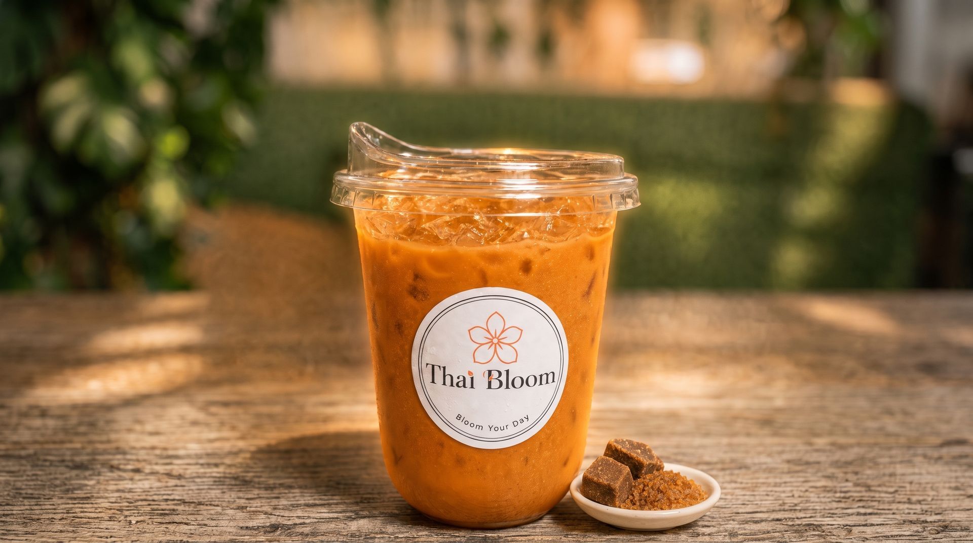 Glass jar of orange sauce with a label, next to a small bowl of spices on a wooden table outdoors.