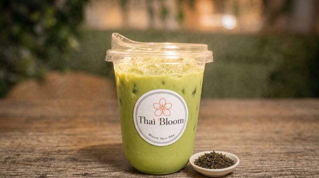 Green smoothie in a clear cup with a branded label, beside a small dish of chia seeds on a wooden table.