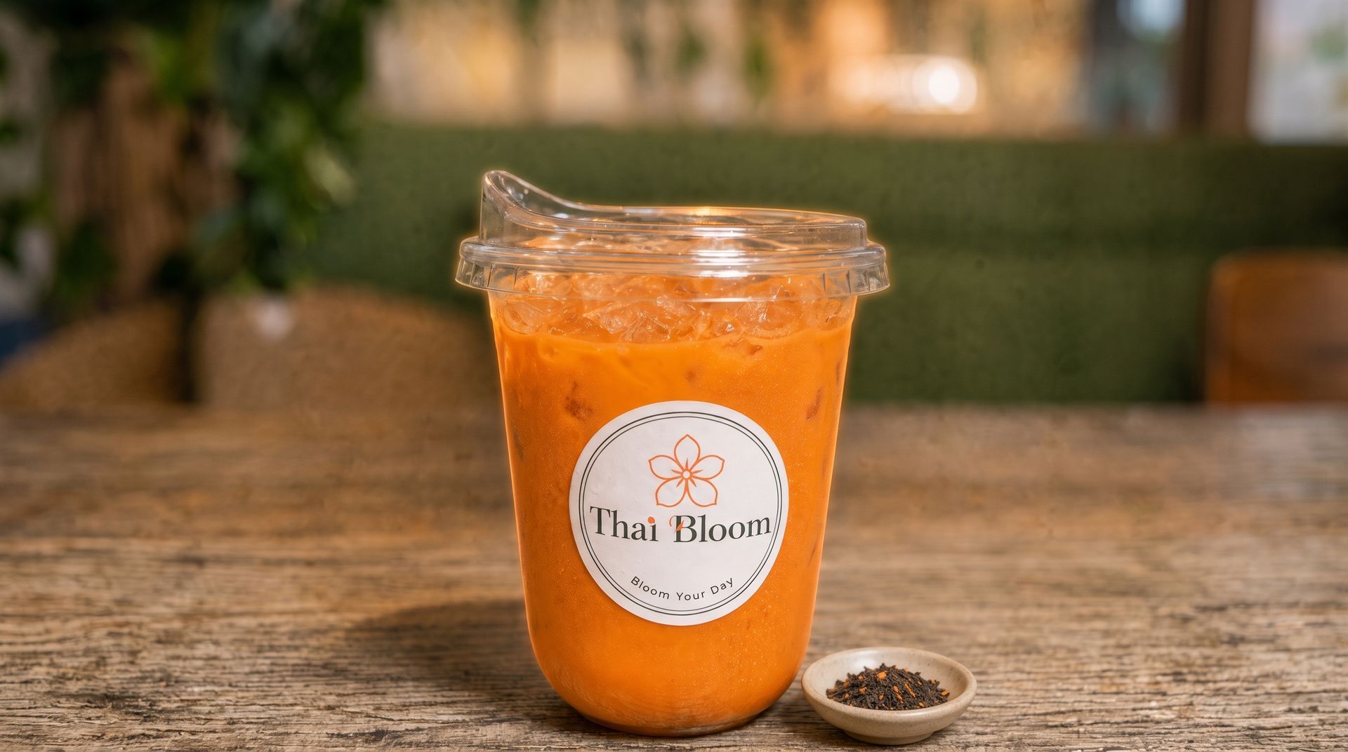 Orange drink in a clear plastic jar on a wooden table with a small bowl of seeds beside it.