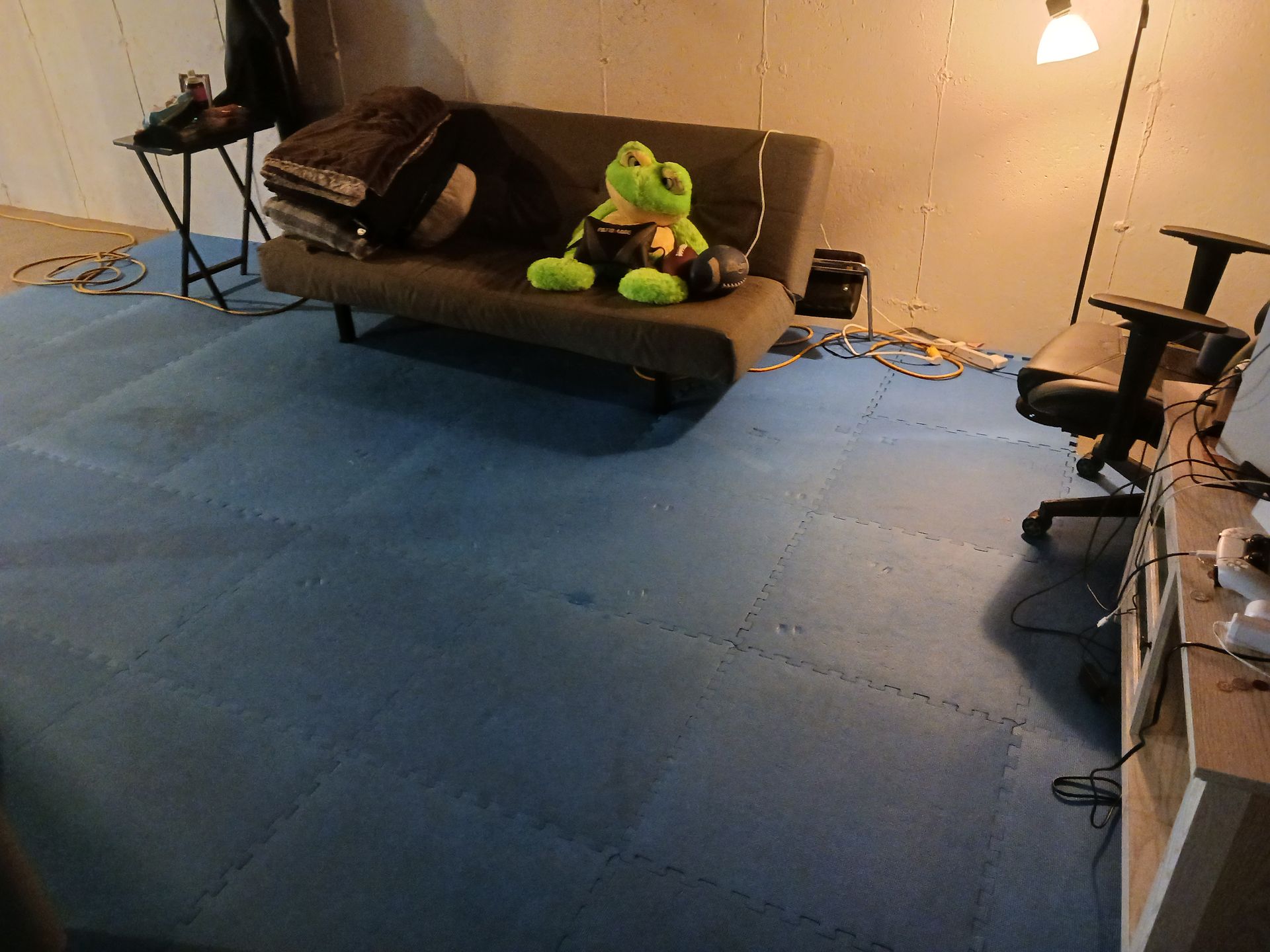 Green plush frog on a brown sofa in a room with blue floor mats, desk, and lamp.