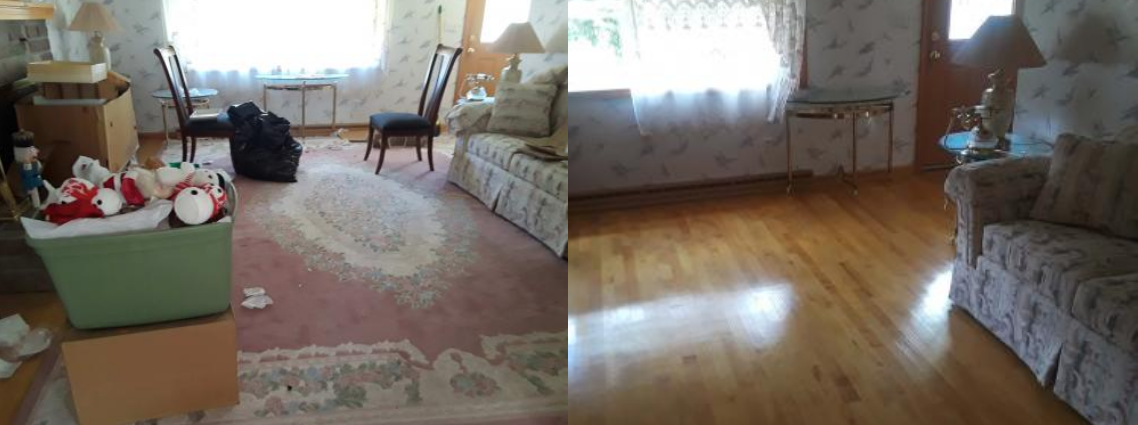 A before and after photo of a living room with a couch and chairs.