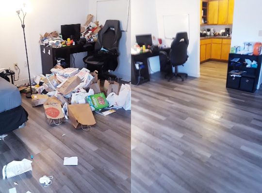 A before and after picture of a messy living room.