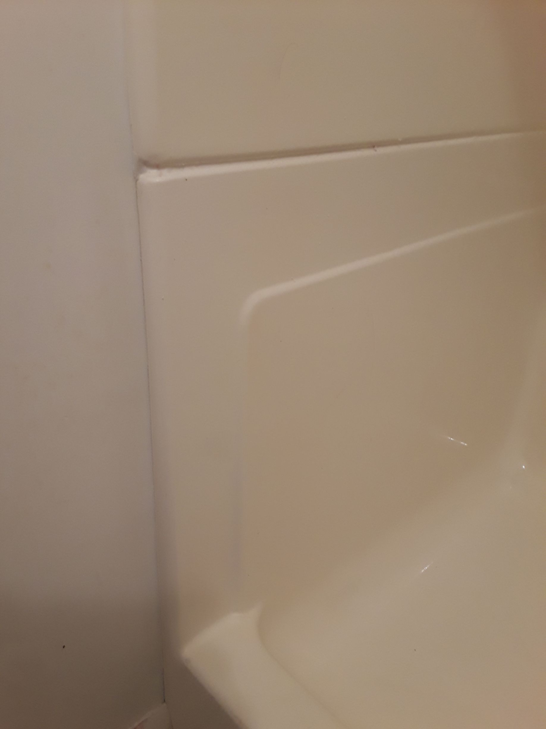 Cream-colored shower wall with a ledge, next to a white wall.