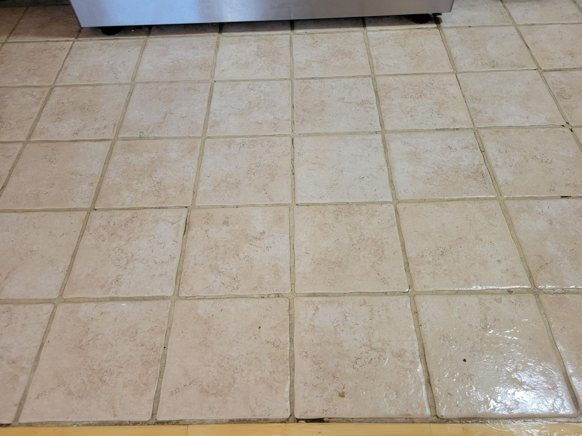 Beige tile floor with dark grout, viewed from above.