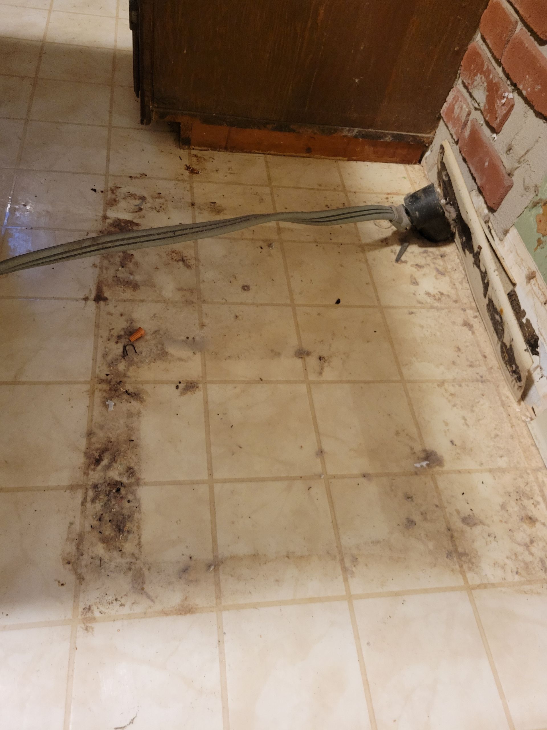 Dirty, light-colored tile floor with debris and a power cord. A brick wall and wood cabinet are visible.