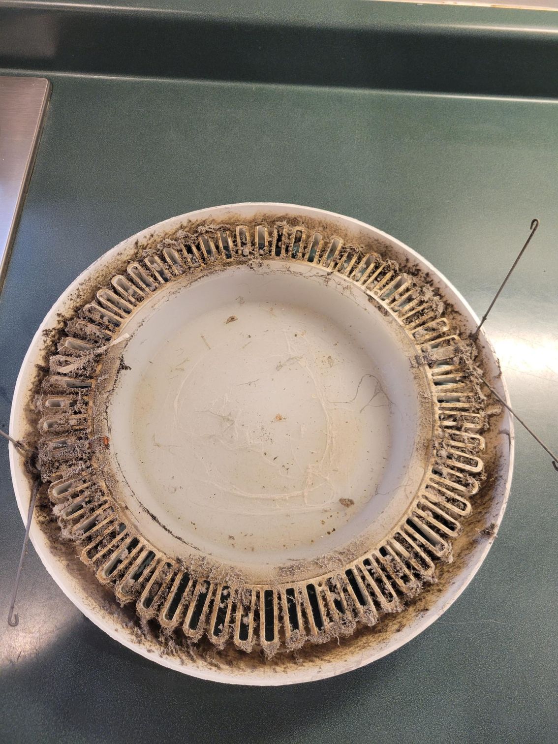 White ceramic plate with a dirty, slotted rim and two wires.