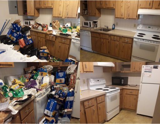 A before and after photo of a messy kitchen