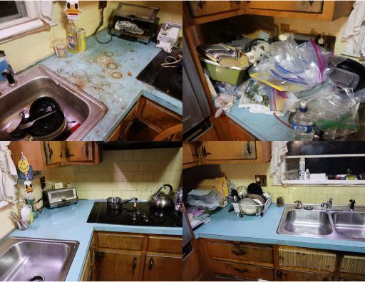 A before and after photo of a messy kitchen