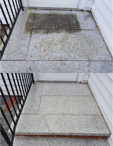A before and after picture of a concrete porch.