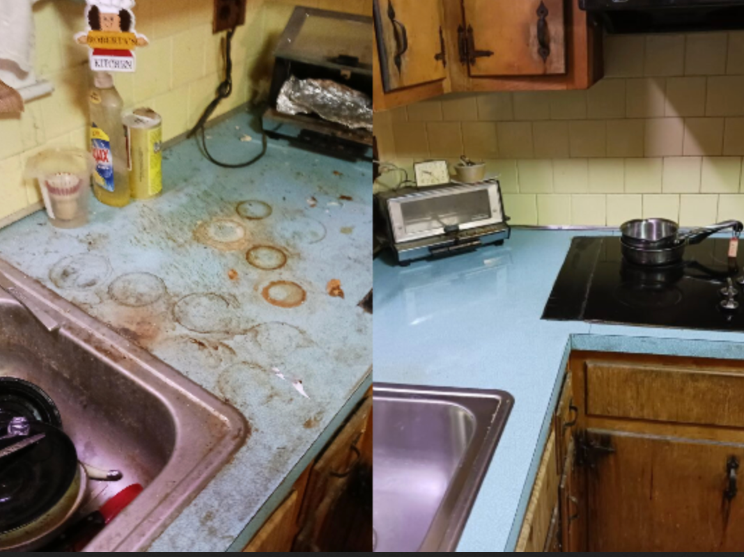 A before and after photo of a kitchen counter