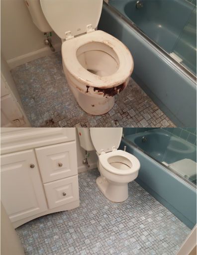 A before and after picture of a bathroom with a toilet and bathtub