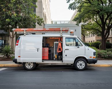 A white van with a ladder on top of it is parked on the side of the road.