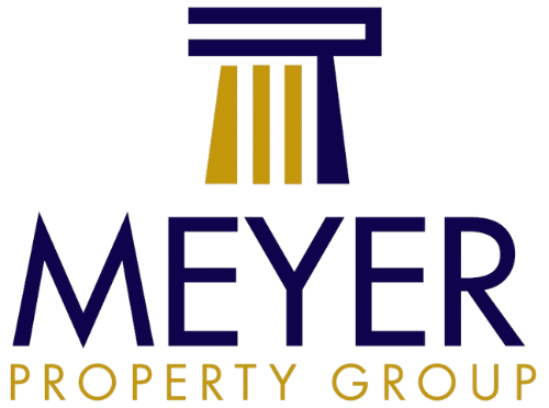 Meyer Property Group logo in navy and gold with stylized pillar icon