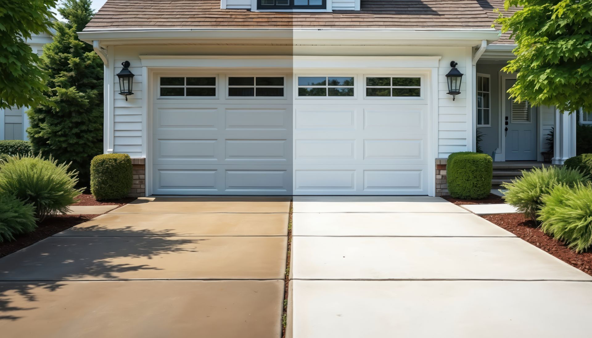 Two white garage doors on a beige house with a concrete driveway and green trees behind
