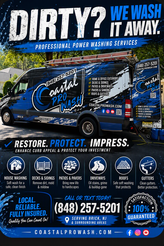 Branded Power Wash truck ad in blue and white with slogan “Dirty? We wash it away.”