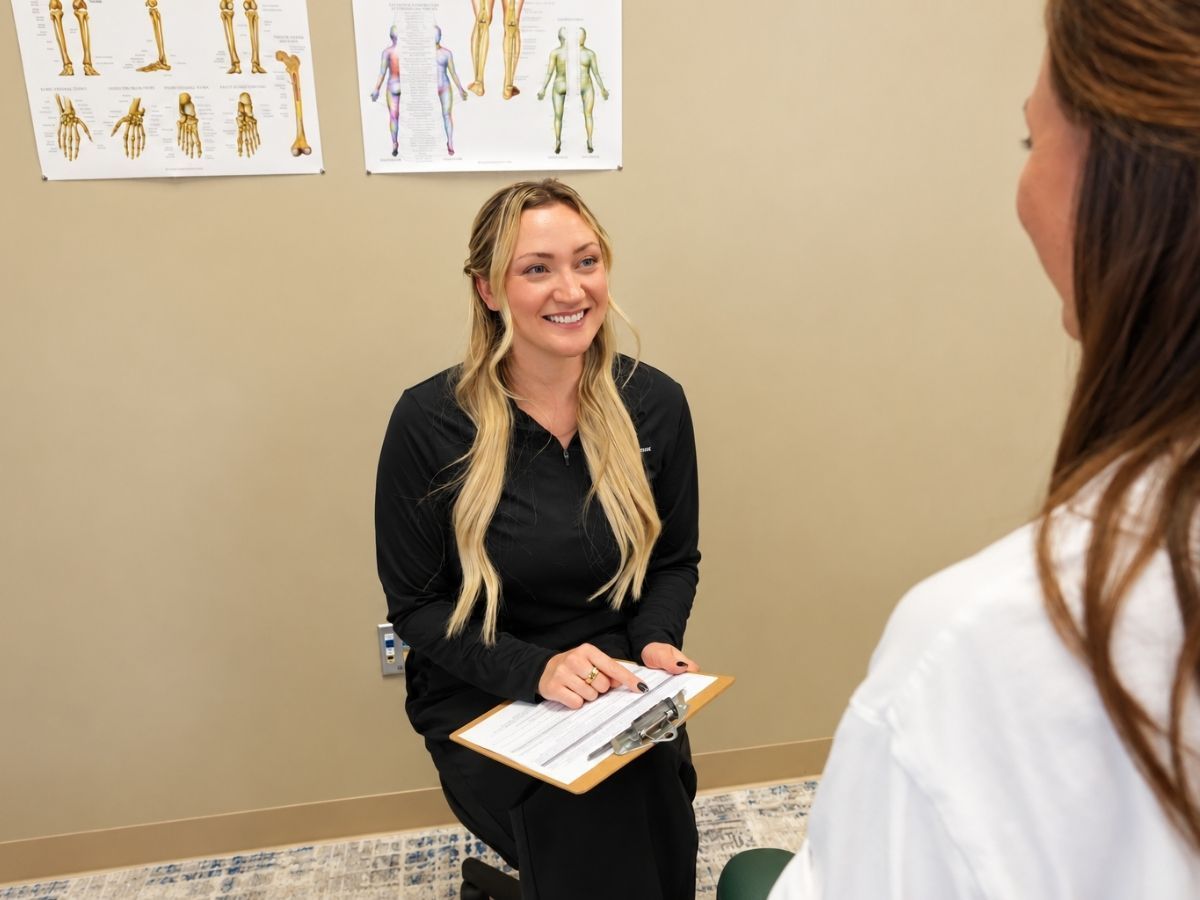 Chiropractor discussing pregnancy back pain care with a patient at Raise Chiropractic in Littleton, Colorado