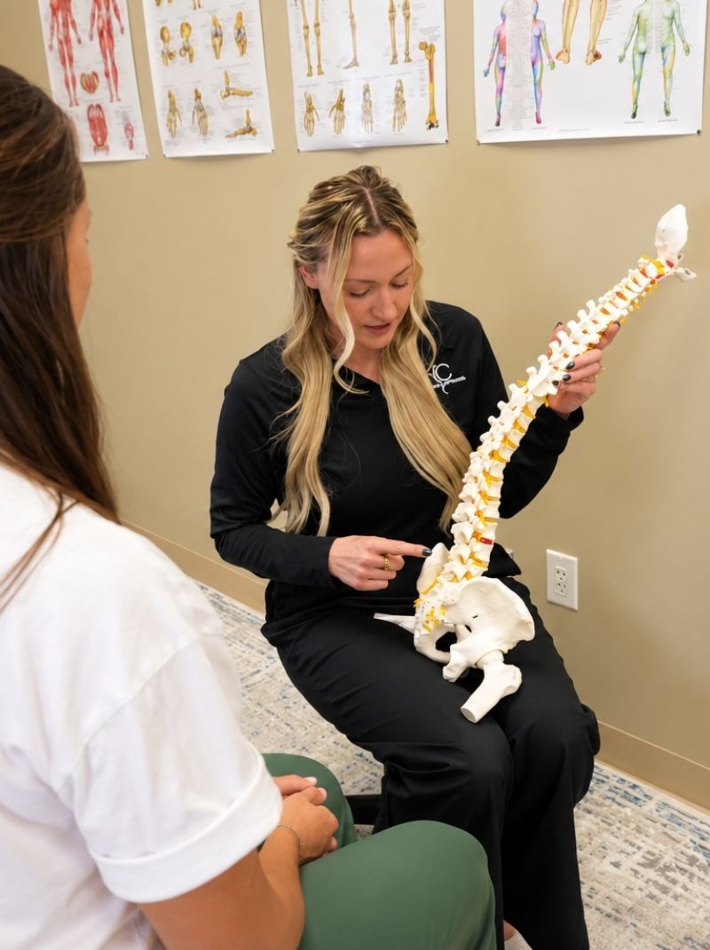 Chiropractor using a spine model to explain pregnancy back pain to a patient at Raise Chiropractic in Littleton, Colorado