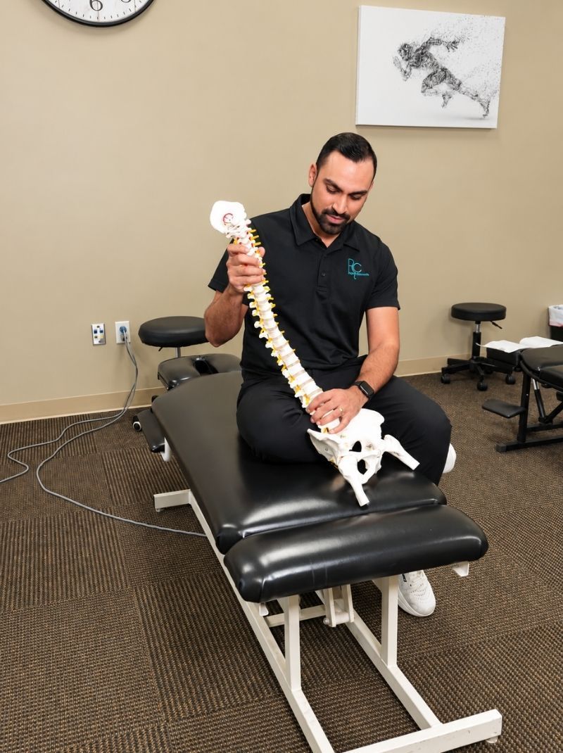 Chiropractor using a spine model to explain sciatica and back pain care at Raise Chiropractic in Littleton, Colorado