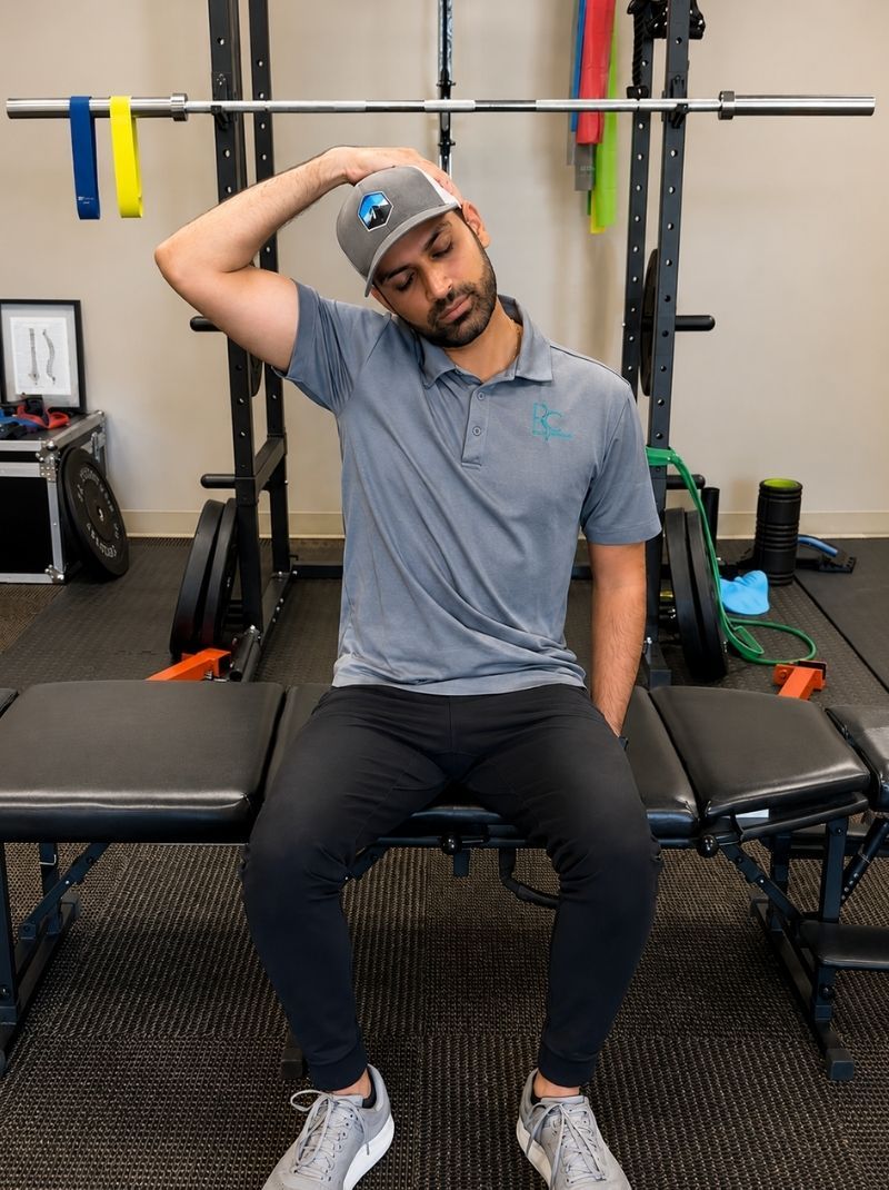 Dr. Neal Surani demonstrating a neck mobility exercise during physical therapy at Raise Chiropractic in Littleton, Colorado