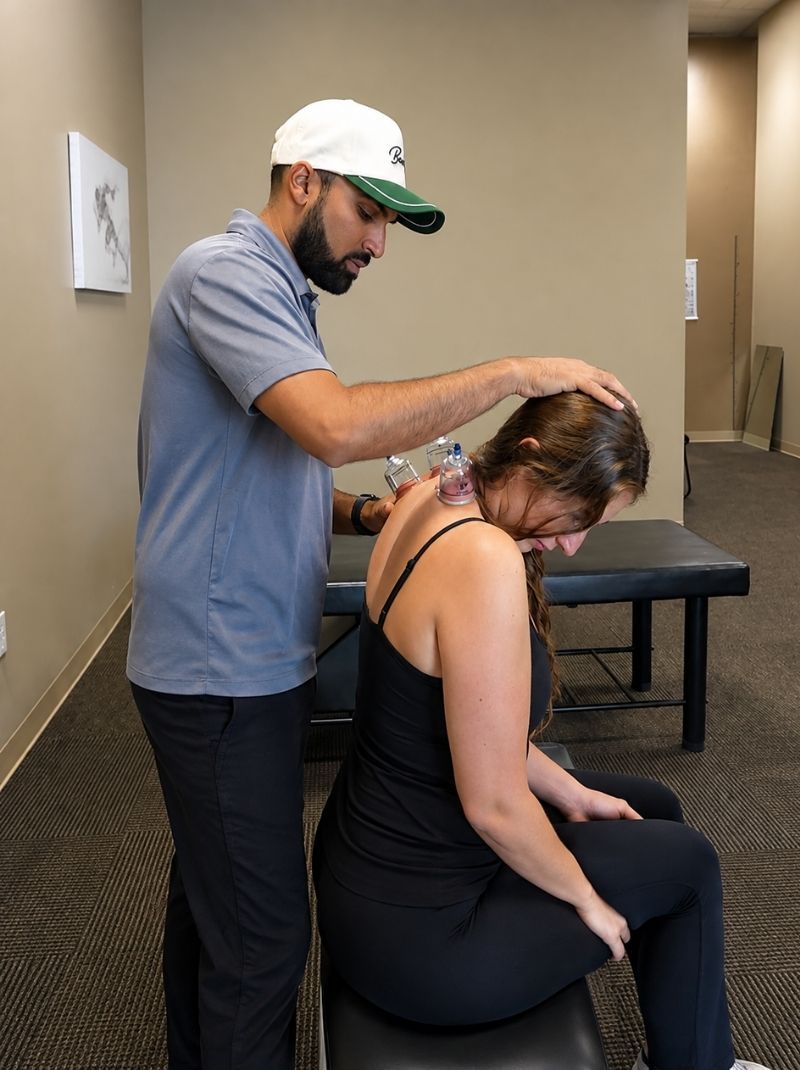 Dr. Neal Surani performing cupping therapy on a patient's upper back at Raise Chiropractic in Littleton, Colorado