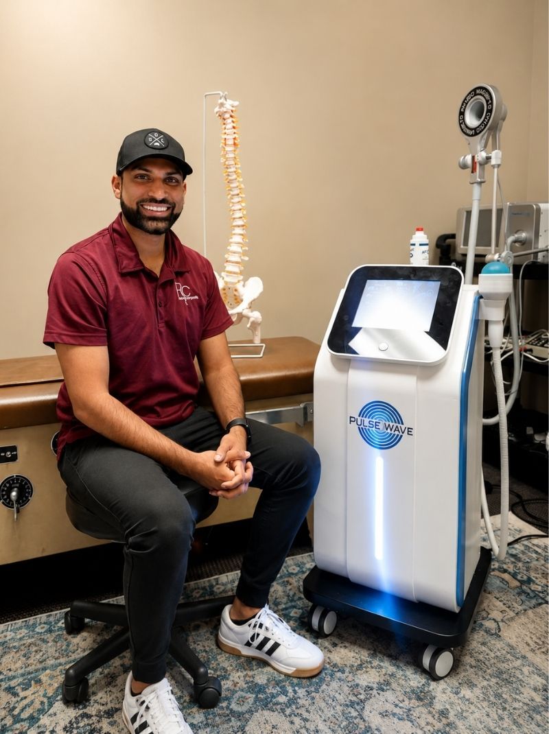Dr. Neal Surani with shockwave therapy equipment at Raise Chiropractic in Littleton, Colorado