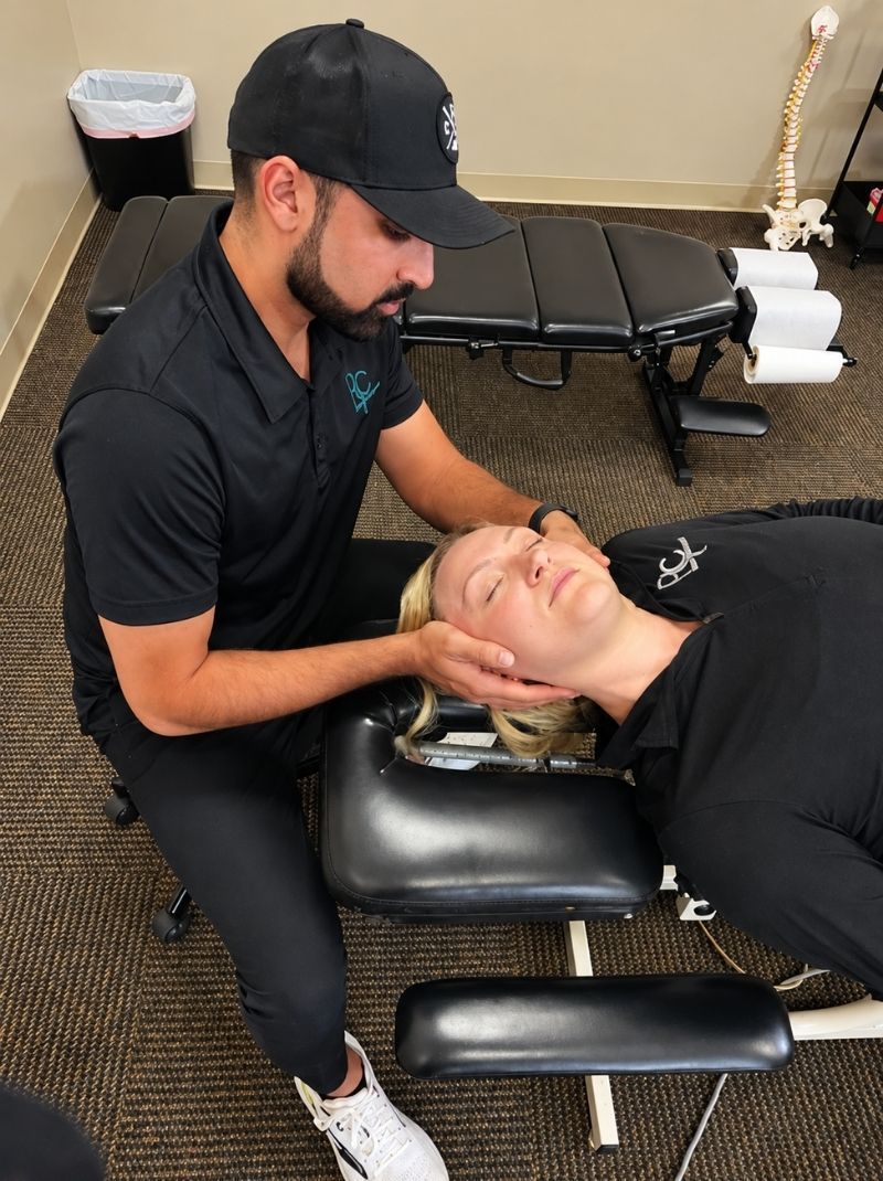 Dr. Neal performing a neck adjustment for a patient at Raise Chiropractic in Littleton, CO