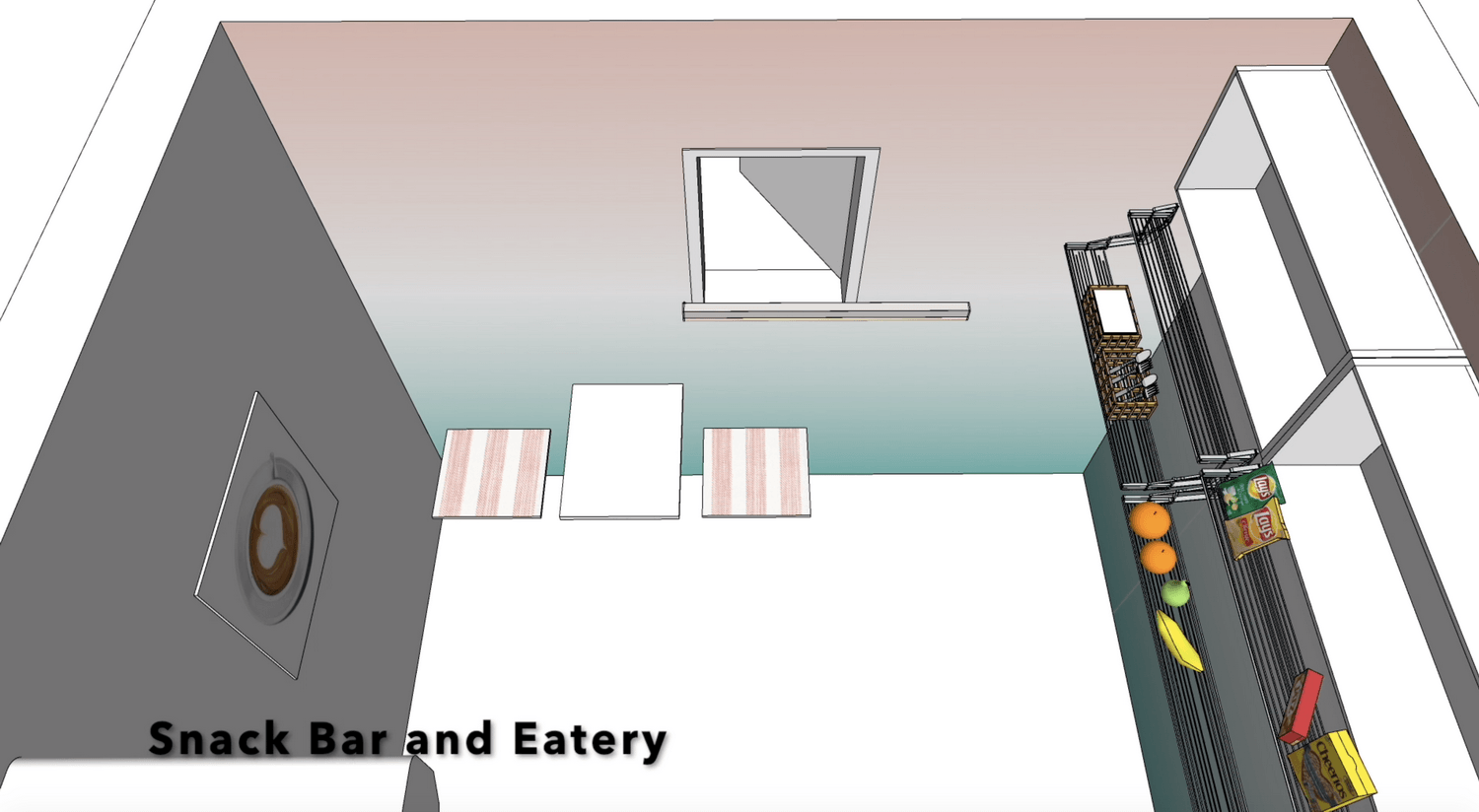 A 3d rendering of a snack bar and eatery