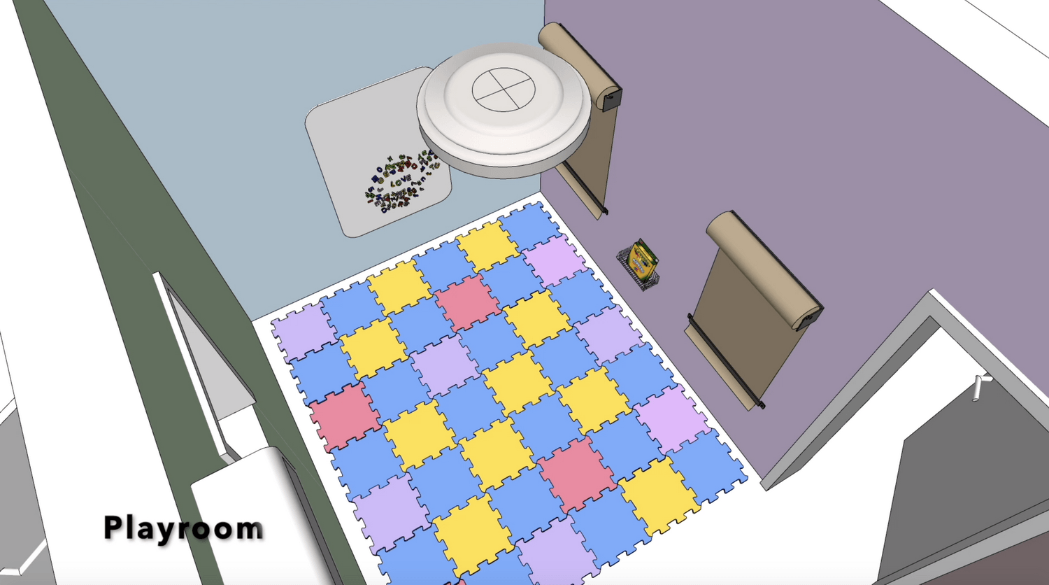 An aerial view of a playroom with a colorful rug
