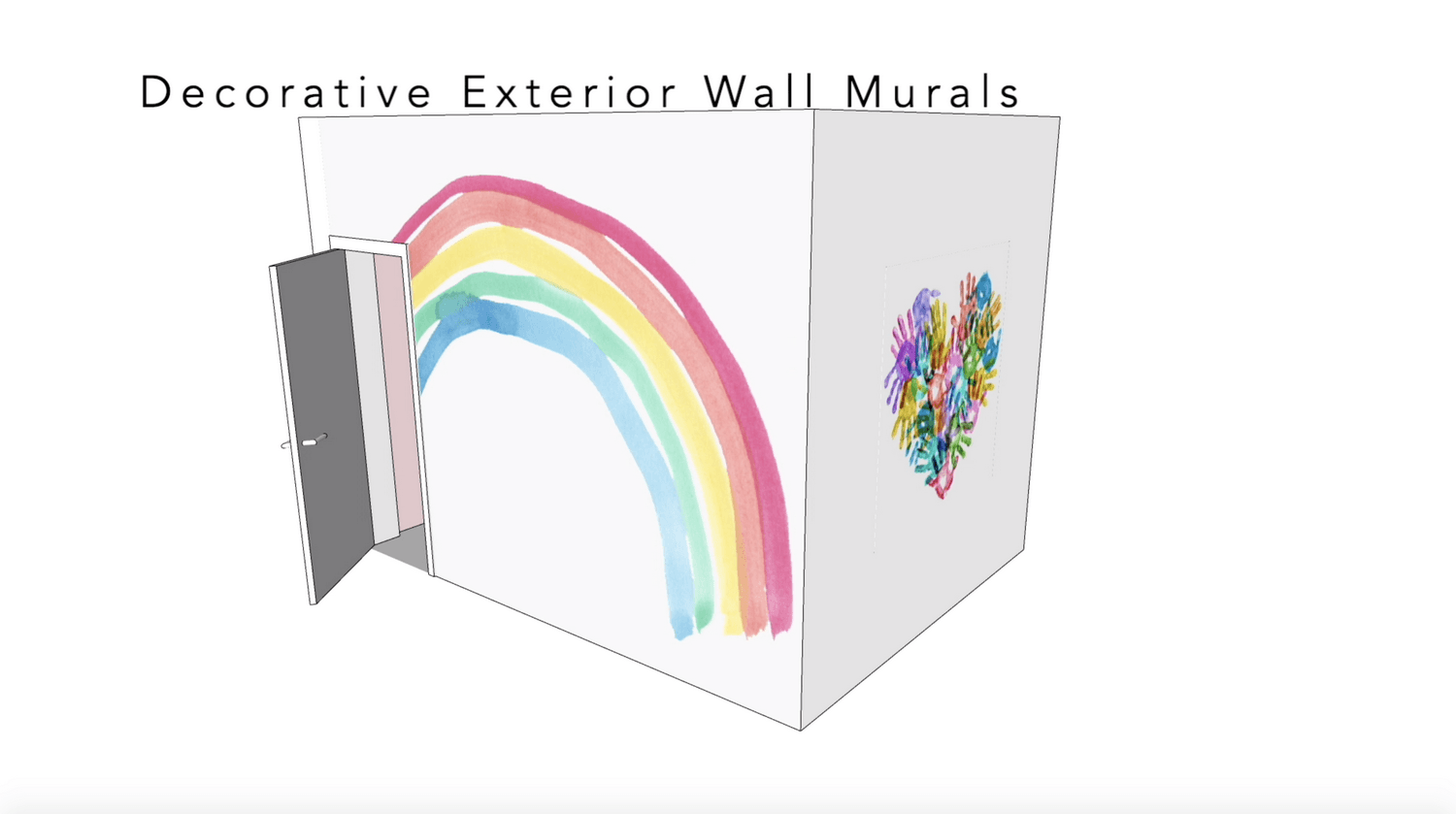 A decorative exterior wall mural with a rainbow and a heart on it.