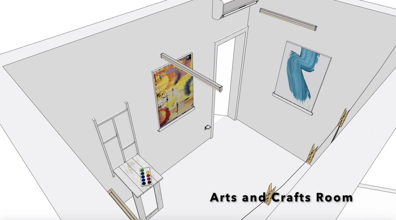 An aerial view of an arts and crafts room