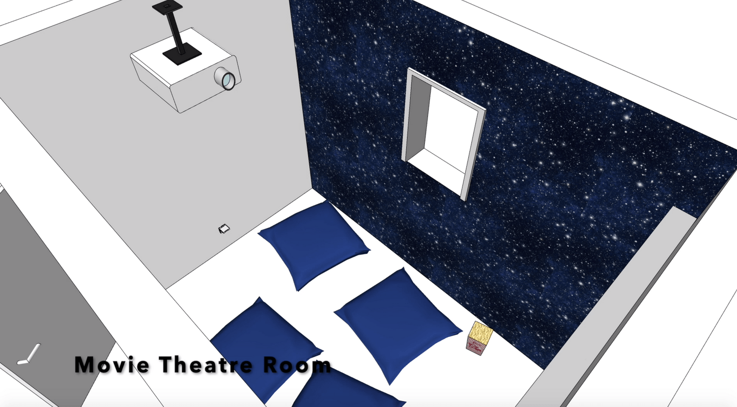 A drawing of a movie theatre room with blue pillows