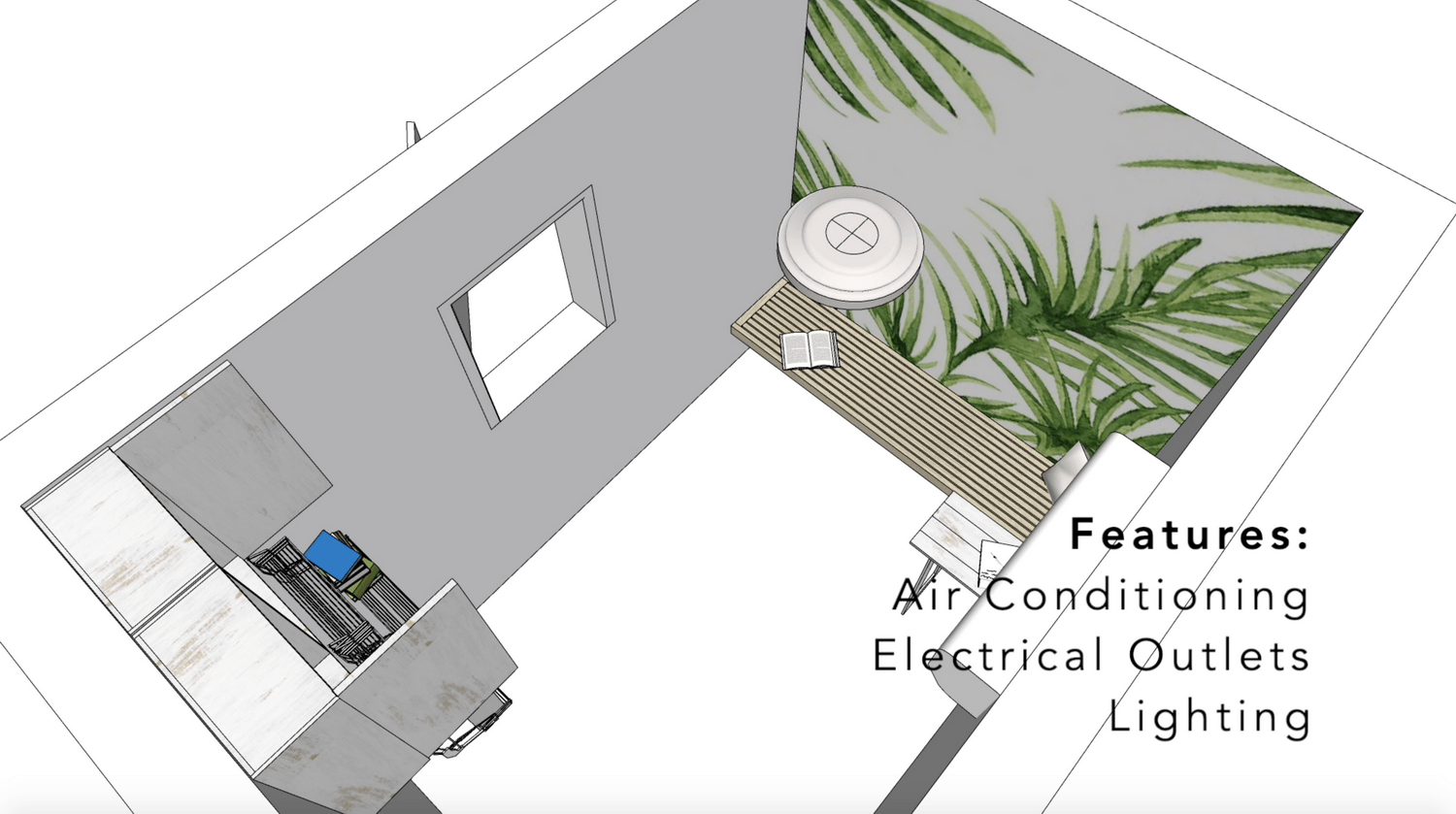 An aerial view of a kitchen with electrical outlets and air conditioning
