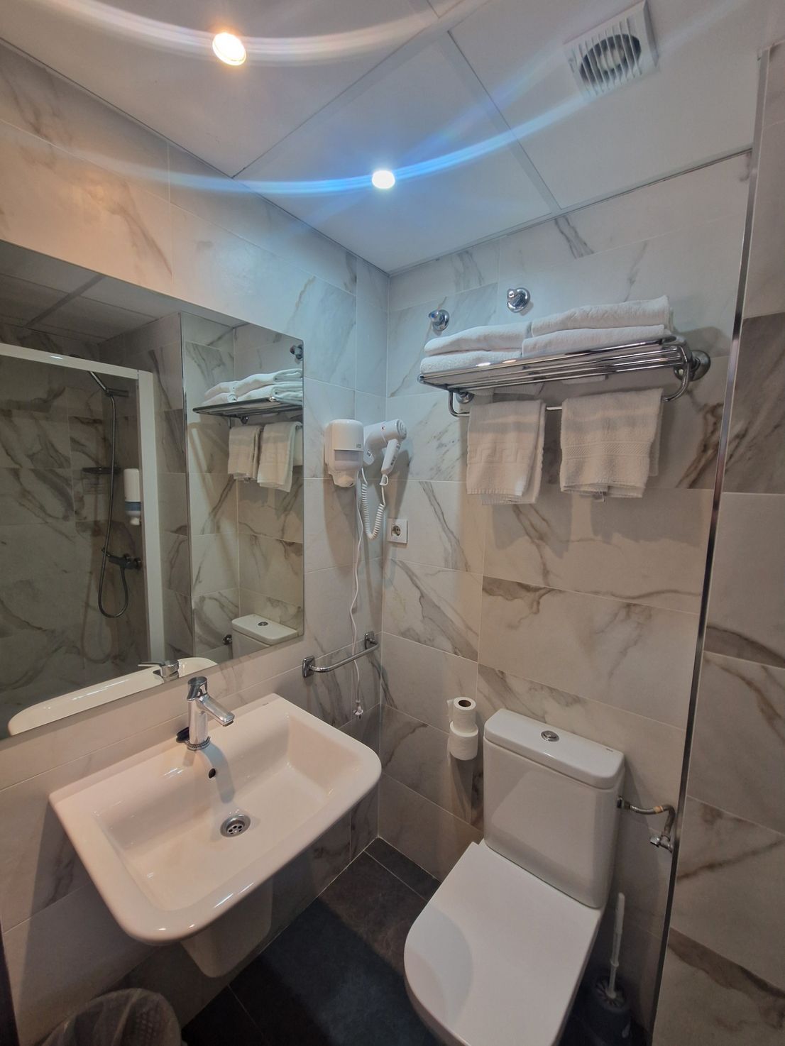 Baño pequeño con lavabo, inodoro, ducha, espejo, toallero y paredes alicatadas.