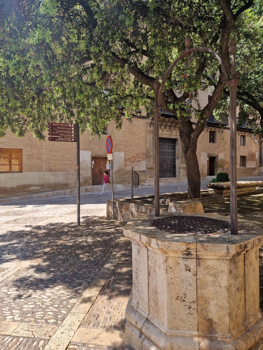 Patio sombreado con jardineras de piedra, un árbol y la pared de un edificio al fondo.