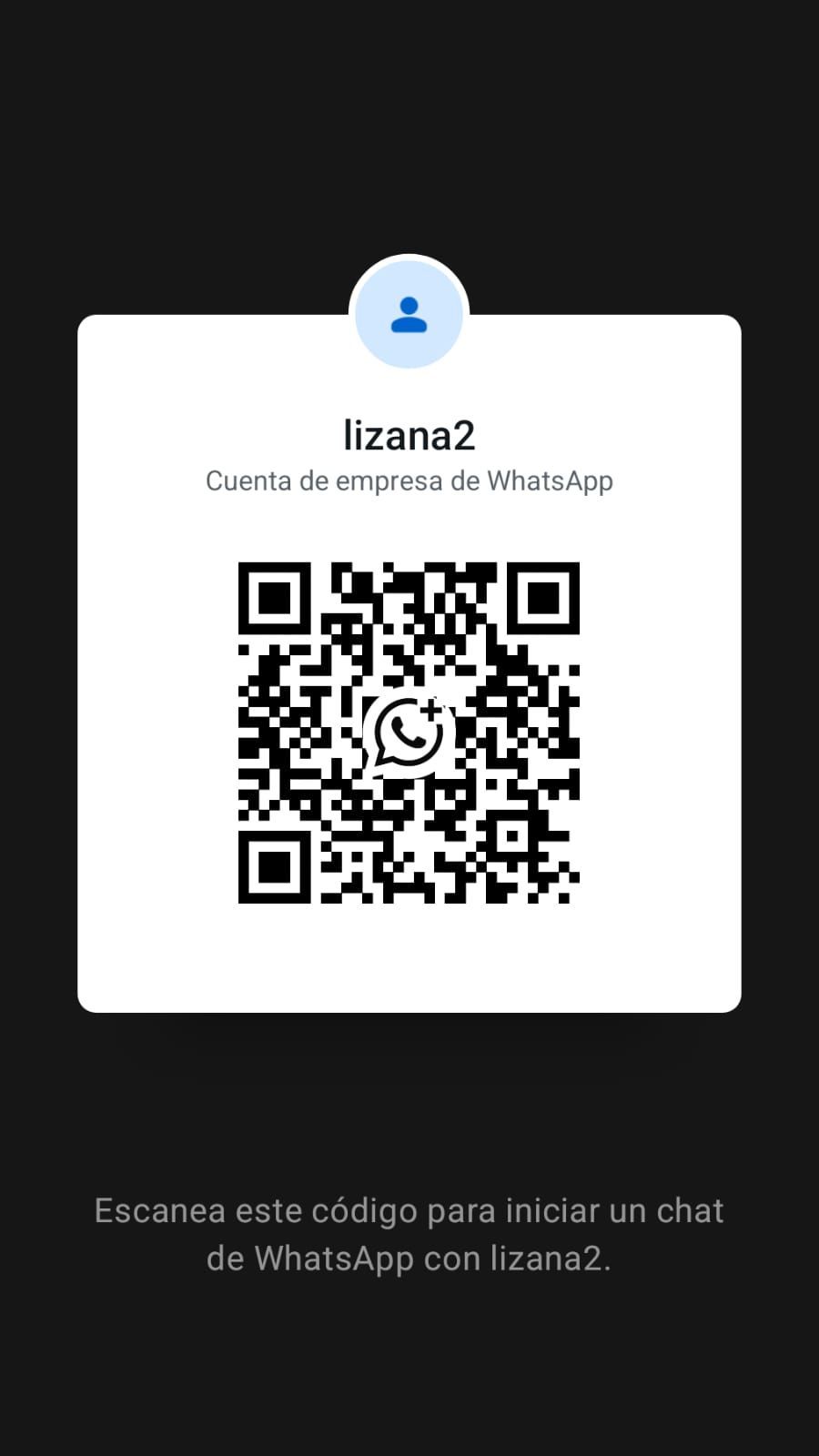 Tarjeta con código QR de WhatsApp para “lzana2” sobre fondo oscuro con una indicación para iniciar un chat escaneándola.