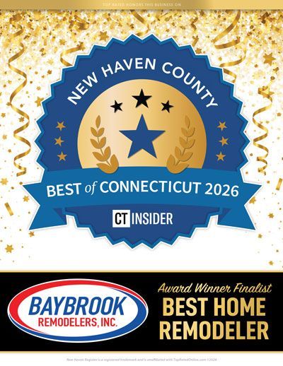 New Haven County Best of Connecticut 2026 and Baybrook Remodelers “Best Home Remodeler” award badges