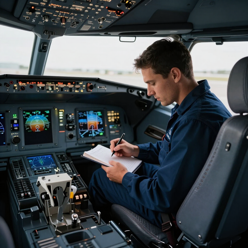 Pilot writing notes in an airplane cockpit with illuminated controls and flight displays