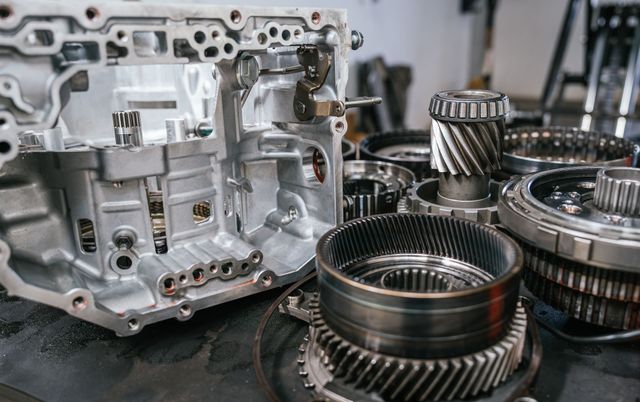 Disassembled car transmission parts and gearbox housing on a workbench, with metal gears and bearings visible | Global Automotive