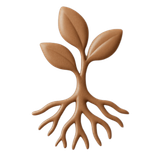 Brown sprout with leaves and roots on a beige background.