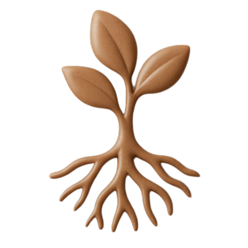Brown sprout with leaves and roots on a beige background.