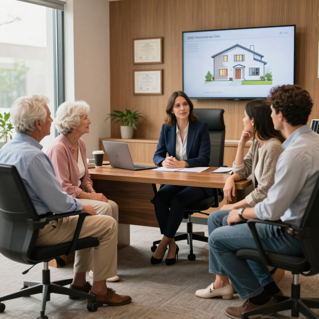 Business meeting in an office, with a presenter showing a house diagram to seated clients.